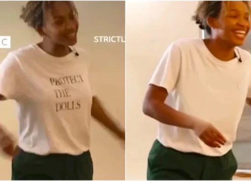 Bethany Antonia wearing a T-shirt with a blurred message on Strictly Come Dancing.