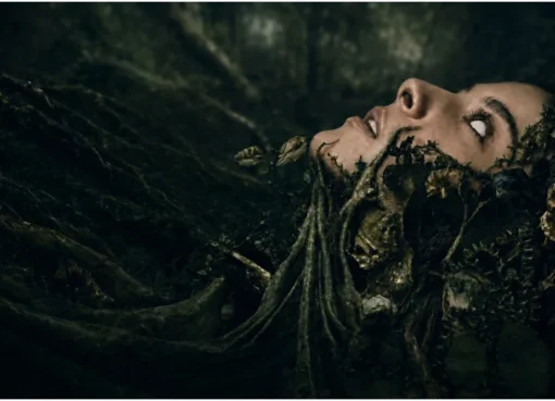 An eerie, misty forest scene, hinting at a supernatural presence of a forest spirit.