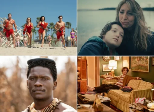 A collage of diverse TV show stills, including a sunny beach scene with a lifeguard and a person who looks like Bella Ramsey.