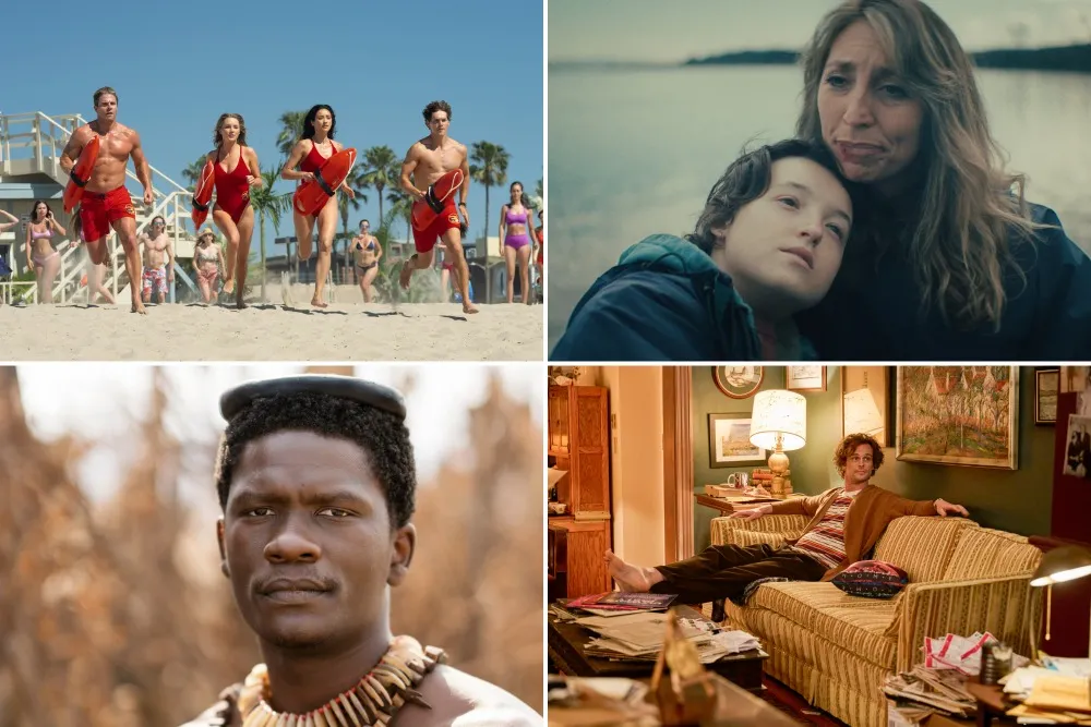 A collage of diverse TV show stills, including a sunny beach scene with a lifeguard and a person who looks like Bella Ramsey.