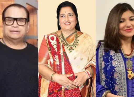 A split image showing Anuradha Paudwal and Alka Yagnik, both smiling, with a retro 90s music filter.