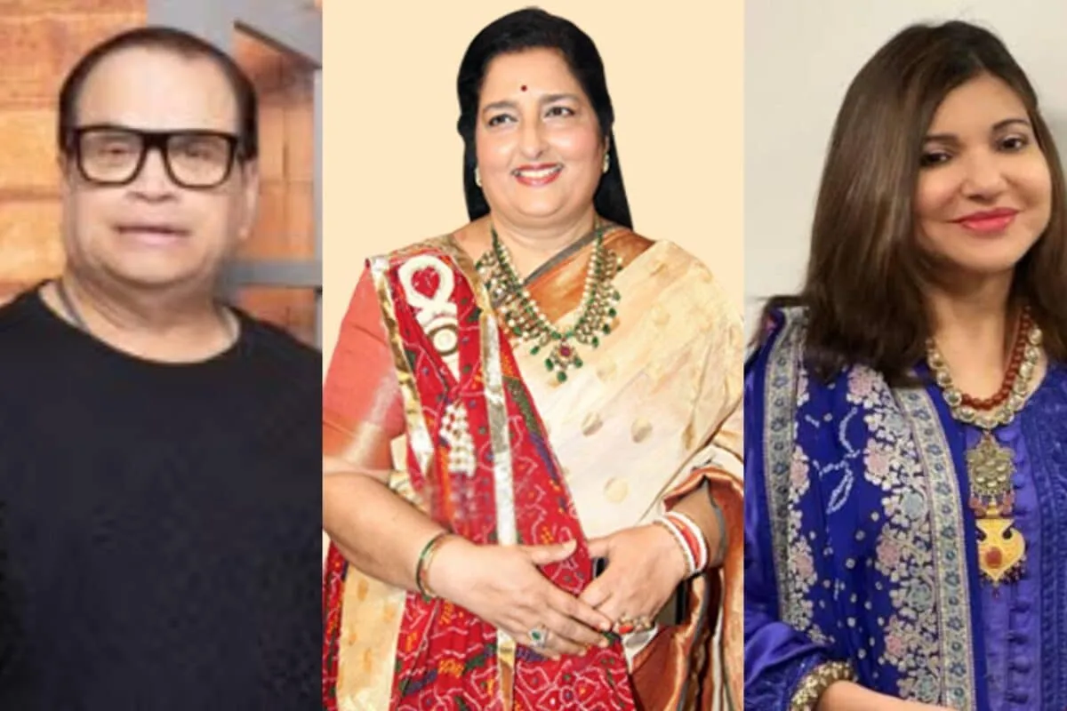 A split image showing Anuradha Paudwal and Alka Yagnik, both smiling, with a retro 90s music filter.