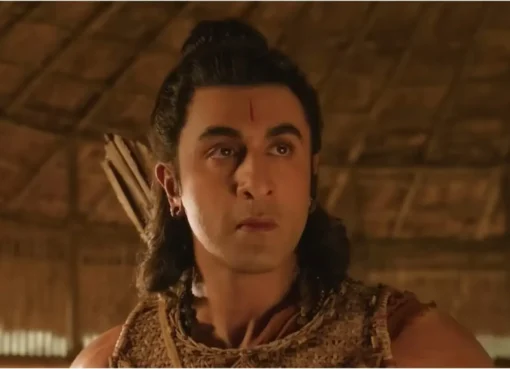 Ranbir Kapoor dressed as Lord Ram in traditional, grand attire.