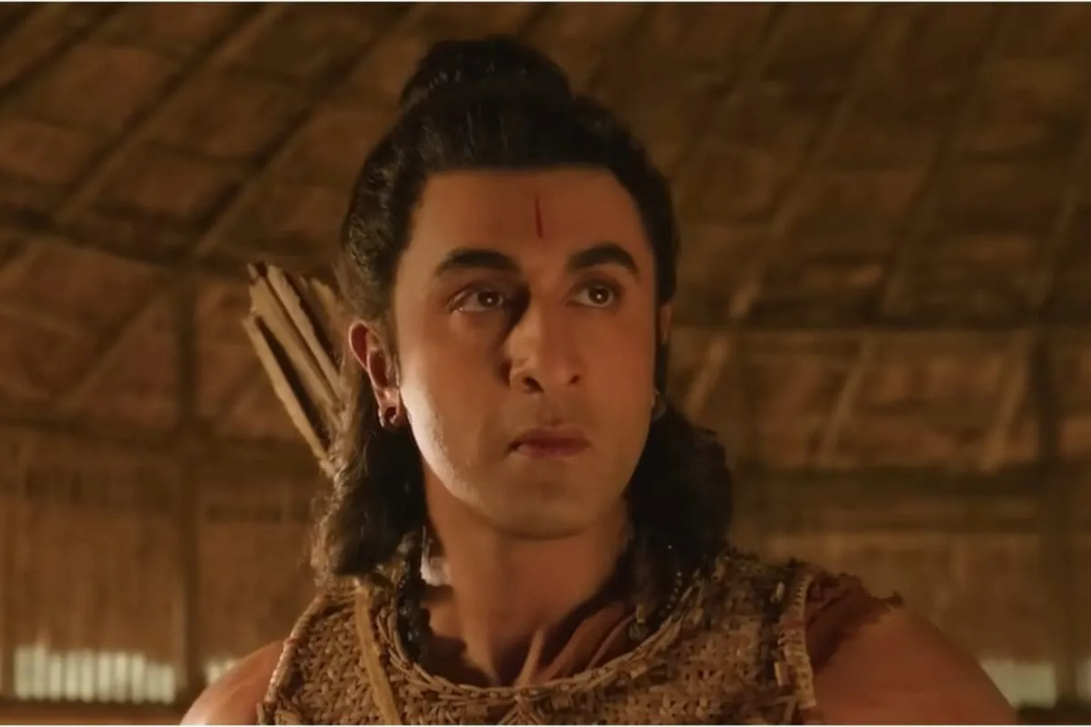Ranbir Kapoor dressed as Lord Ram in traditional, grand attire.