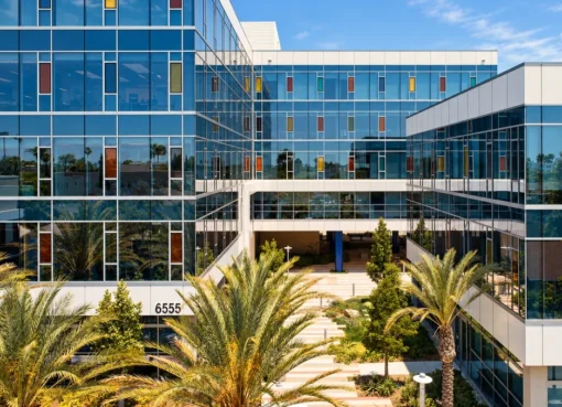 Exterior shot of a modern, sleek office building, likely Verve's headquarters, in Hollywood.
