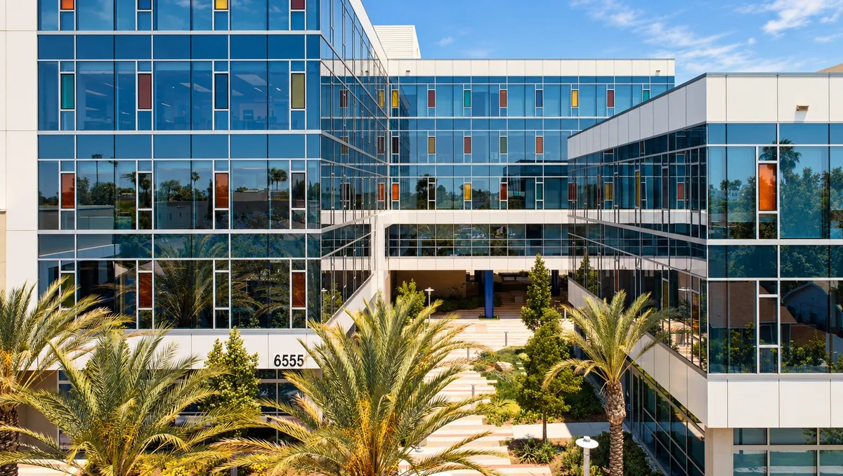 Exterior shot of a modern, sleek office building, likely Verve's headquarters, in Hollywood.