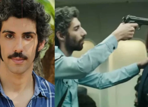 Jim Sarbh and Sonam Kapoor in a tense scene from the movie Neerja, with Jim holding a prop gun.