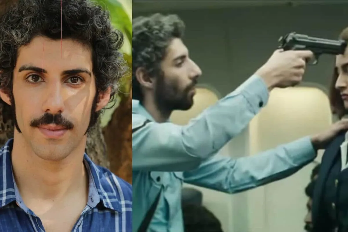 Jim Sarbh and Sonam Kapoor in a tense scene from the movie Neerja, with Jim holding a prop gun.