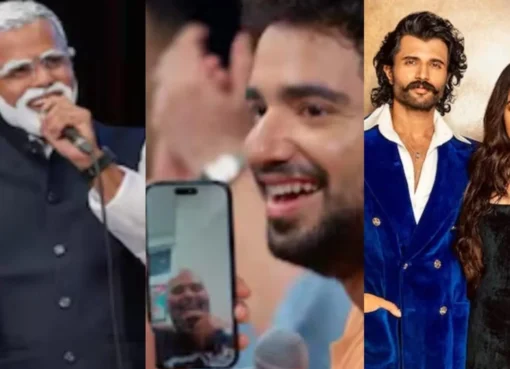 A split image showing a person resembling PM Modi on one side and Vijay Deverakonda and Rashmika Mandanna on the other.
