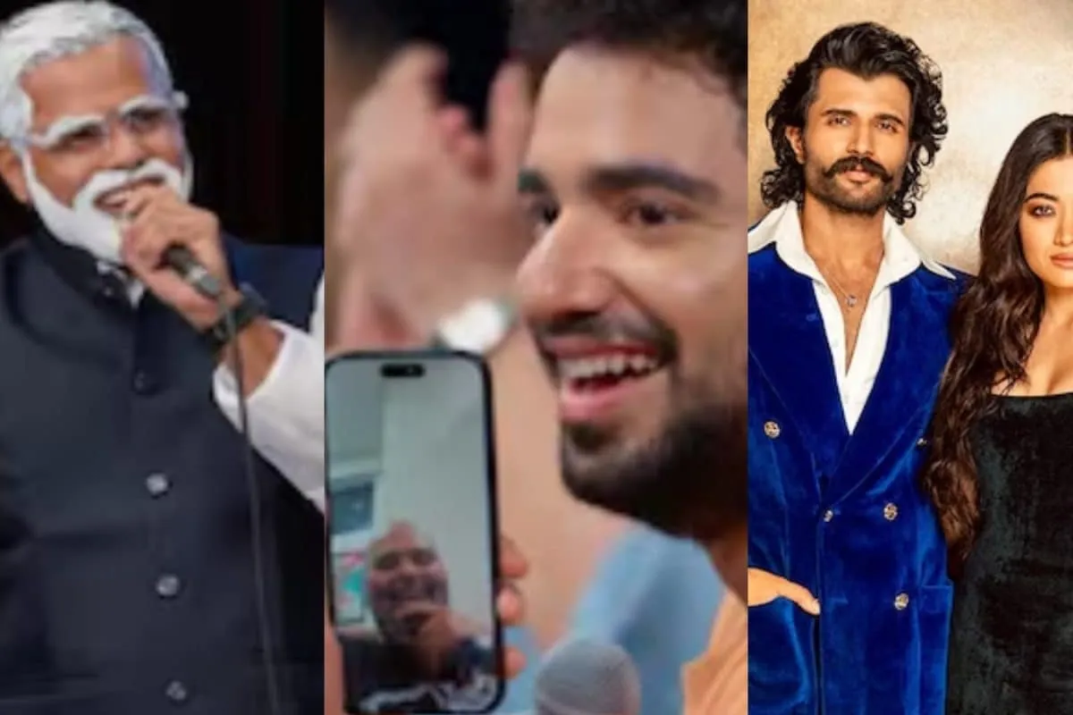 A split image showing a person resembling PM Modi on one side and Vijay Deverakonda and Rashmika Mandanna on the other.
