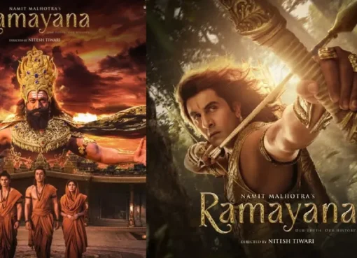 Image of Ranbir Kapoor as Ram with an intense expression, possibly from the Ramayana movie, with a dramatic background.