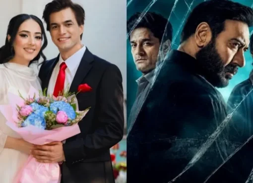 A split image showing actor Mohsin Khan and Tamanna smiling at their wedding, next to the Drishyam 3 movie poster.