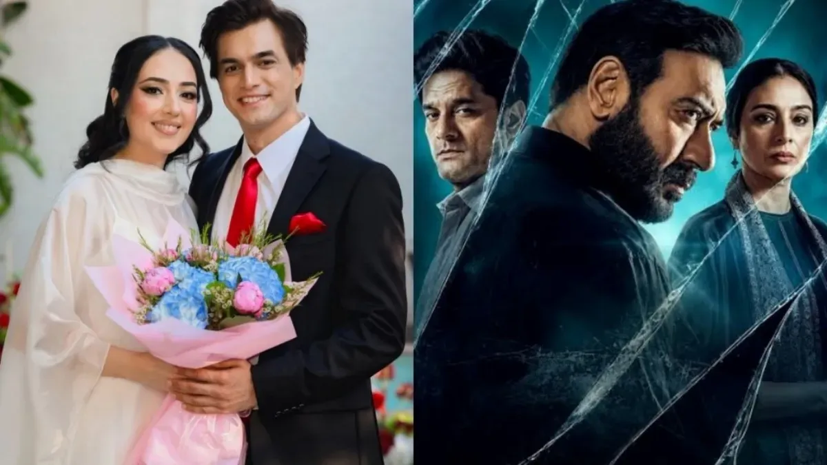 A split image showing actor Mohsin Khan and Tamanna smiling at their wedding, next to the Drishyam 3 movie poster.