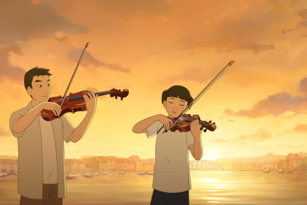 A still from the animated film 'The Violinist,' showing a character with a violin with a colorful, expressive background.