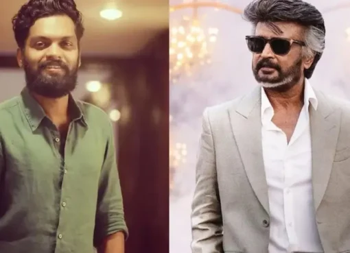 Split image showing Balu Varghese looking serious and Rajinikanth celebrating with a crowd, symbolizing contrasting news.