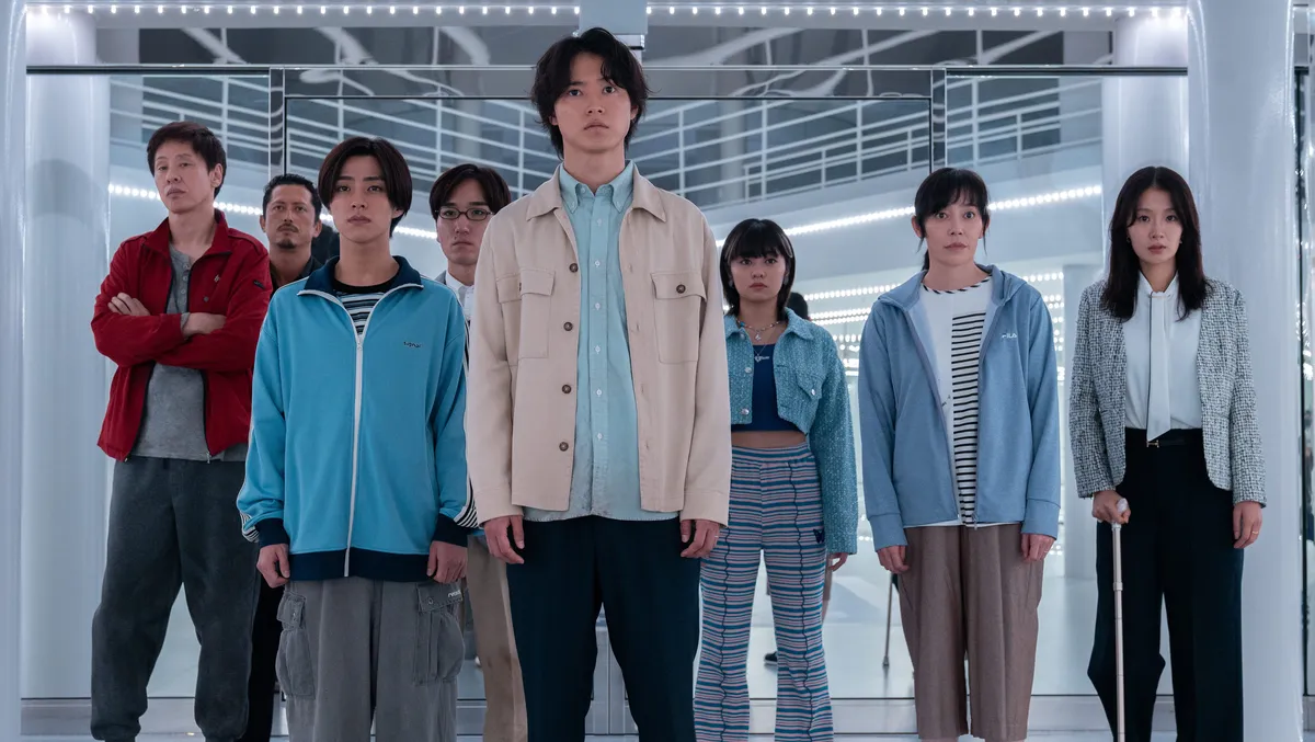 A colorful collage of popular non-English TV shows and movies, possibly featuring vibrant scenes from a K-drama and dynamic anime visuals, symbolizing global content acquisition by streaming platforms.