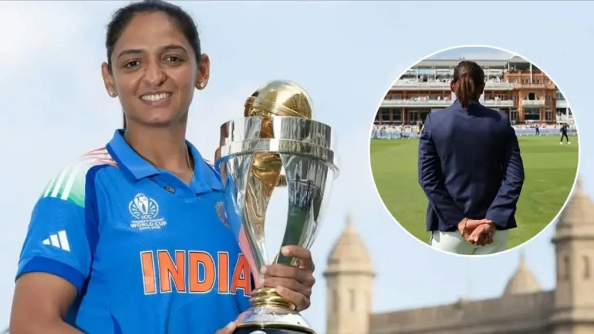 Harmanpreet Kaur in her blue Indian cricket jersey looking thoughtful.