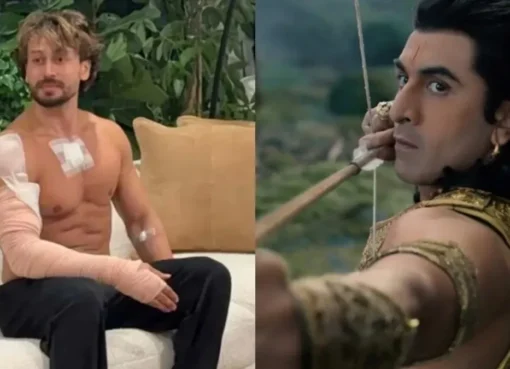 Split image showing Tiger Shroff and a traditional Ramayana scene.