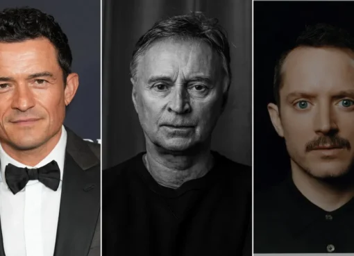 Composite image featuring Orlando Bloom, Robert Carlyle, and Elijah Wood, looking dapper.