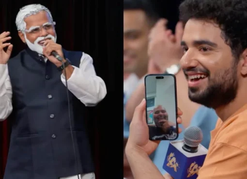 A man dressed as PM Modi on a screen, next to Samay Raina, video-calling Kunal Kamra.