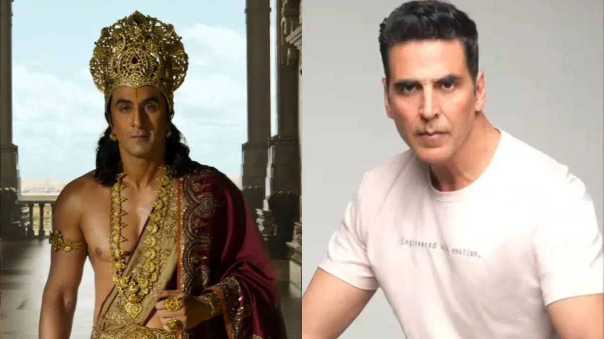 Split image showing Ranbir Kapoor as Ram and Akshay Kumar in a cult film scene.