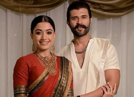 Vijay Deverakonda and Rashmika Mandanna looking serious and determined.