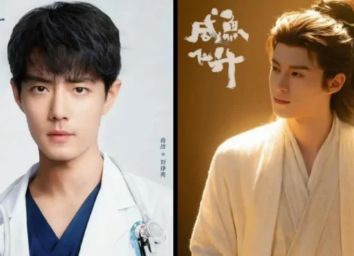 Split image of Xiao Zhan and Wang Hedi looking intense and determined.
