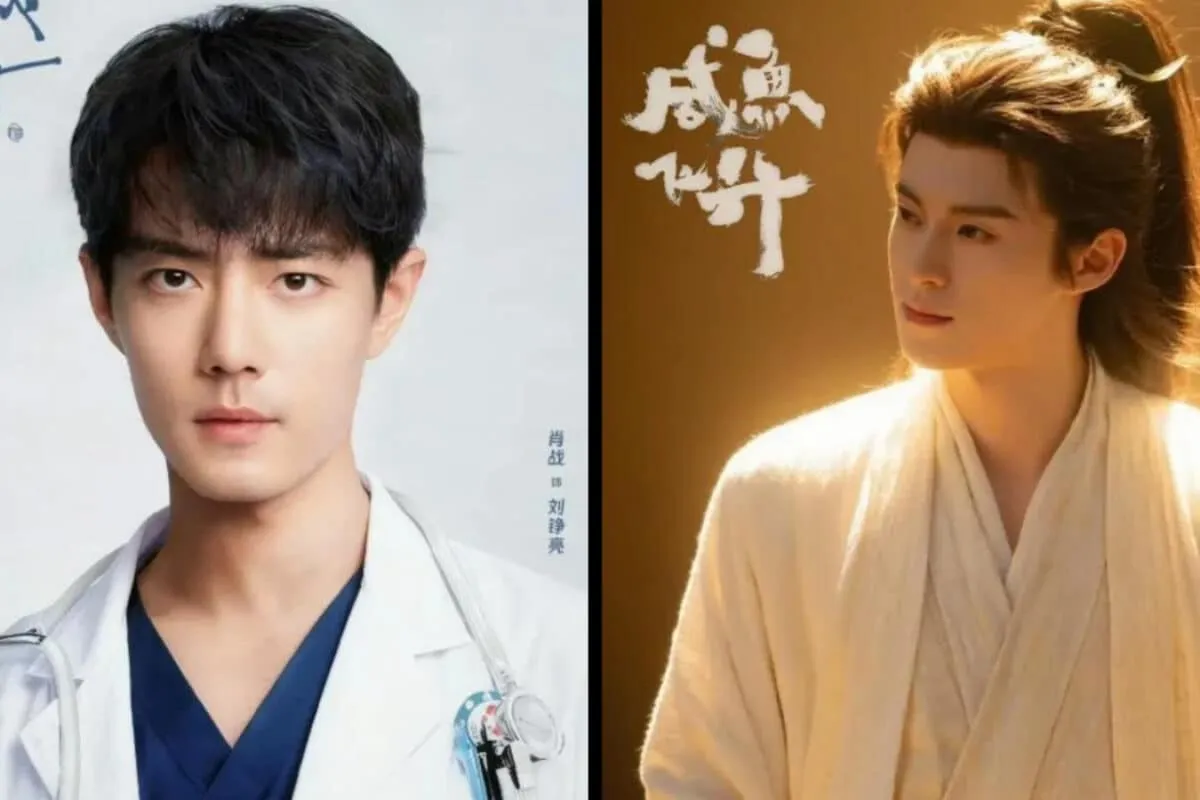 Split image of Xiao Zhan and Wang Hedi looking intense and determined.