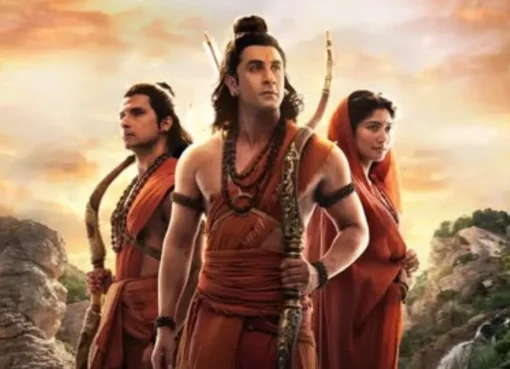 Ranbir Kapoor in a regal, epic look, possibly from the movie Ramayana.