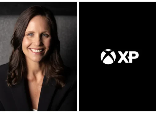 Xbox logo glowing with 'XP' text, surrounded by movie reels and game controllers.