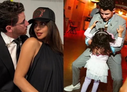 Nick Jonas, Priyanka Chopra, and Malti Marie smiling in a family photo, alongside childhood pictures and concert moments.