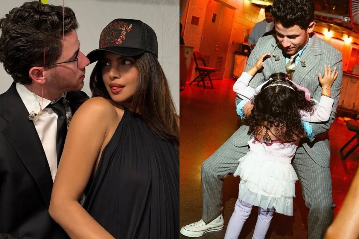 Nick Jonas, Priyanka Chopra, and Malti Marie smiling in a family photo, alongside childhood pictures and concert moments.