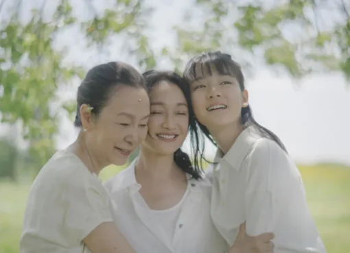 A beautiful still from a Chinese landscape painting-inspired film by Gu You, showing misty mountains and calm water.